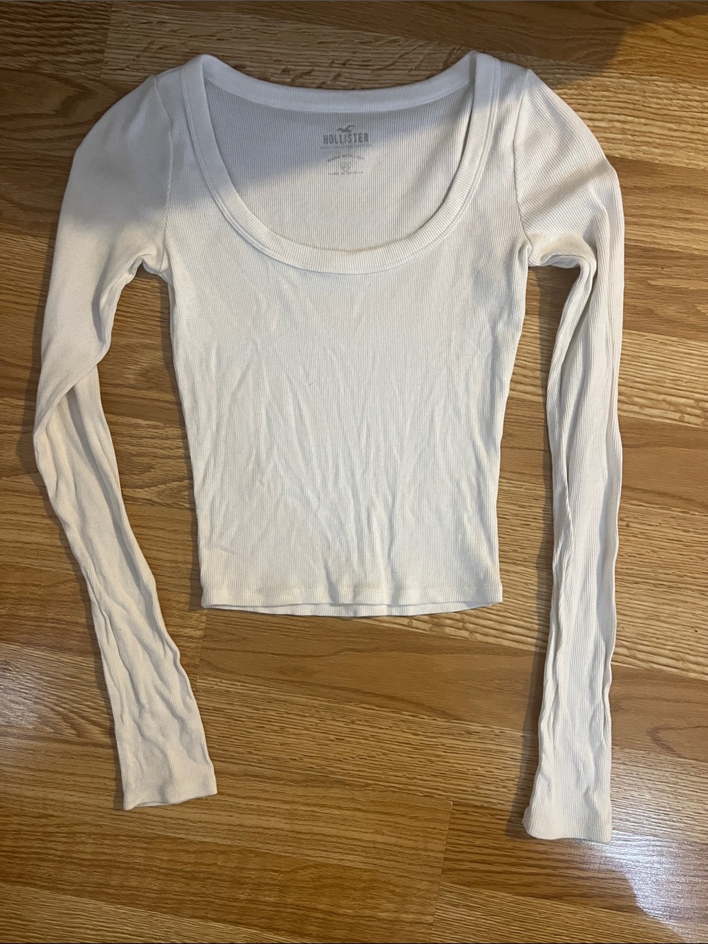 Hollister White Scoop Neck Ribbed Long-Sleeve Top